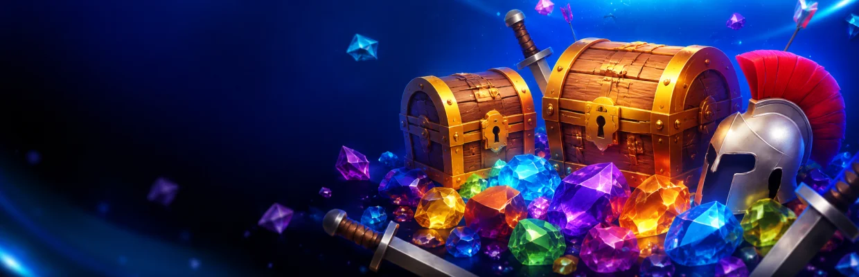Treasure chests, gems, sword and helmet